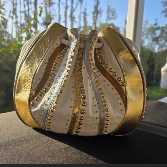 Vintage 80s  Metallic Gold Studded Dome Bag – Rare Glam Rock Leather Pur… - Picture 1 of 8
